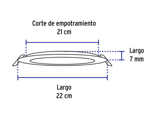 Luminario LED redondo empotrable Volteck de perfil ultradelgado, con medidas de 22 cm y 7 mm.