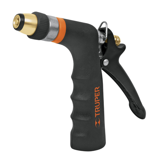 Pistola para riego de boquilla regulable, gatillo, mango negro y anillo naranja