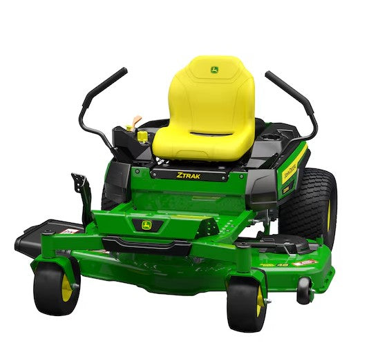 Cortacésped tractor John Deere ZTrak de giro cero, asiento amarillo y manillares negros