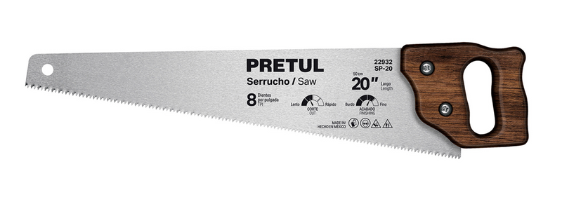 Serrucho manual de 20" PRETUL con mango de madera y hoja dentada