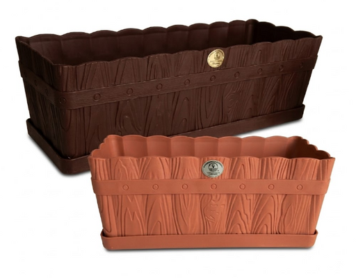 Maceta tipo madera rectangular con base, acabado chocolate y color terracota