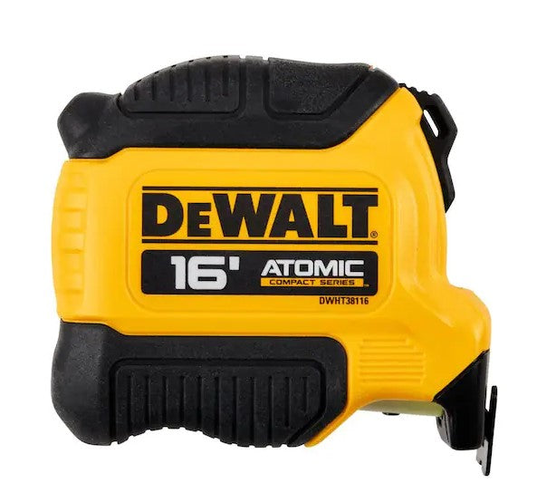 Flexómetro DEWALT ATOMIC 16 pies, cuerpo amarillo con panel negro y disparador