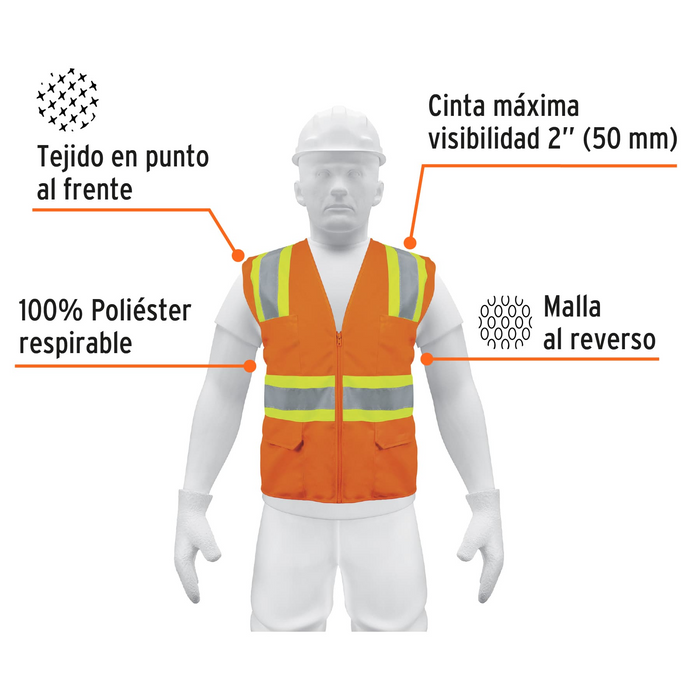 CHALECO DE SEGURIDAD CON CINTAS REFLEJANTES Y BOLSAS, NARANJA