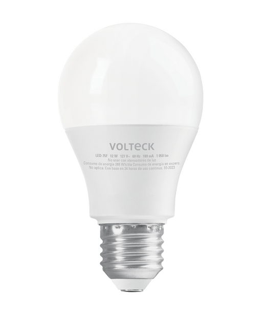 Foco LED tipo bulbo Volteck de 12 W, cuerpo blanco y base roscada metálica.