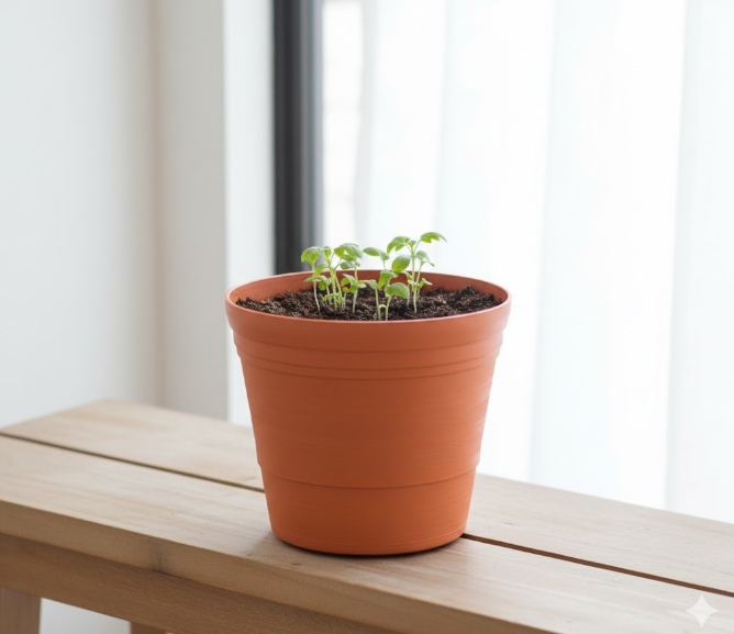 Maceta de plástico color barro con textura acanalada y plantas en su interior