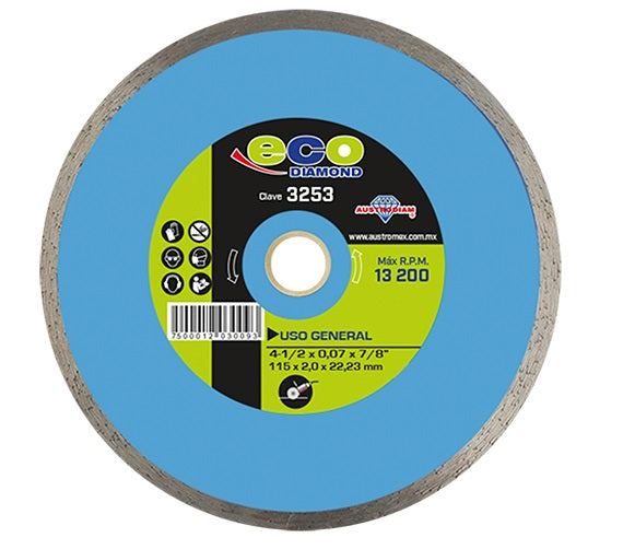 DISCO DE DIAMANTE 4-1/2" X 7/8" RIN CONTINUO PARA ESMERILADORA, ECO DIAMOND