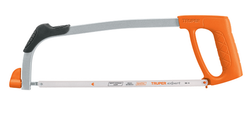 Arco tubular para segueta 12' con marco metálico gris y mango naranja, empuñadura negra