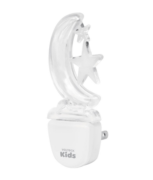 Luz nocturna LED Volteck con forma de luna y estrella, en plástico translúcido.