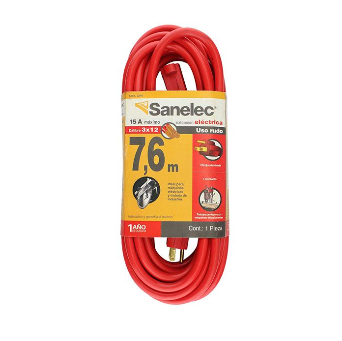 EXTENSION ELECTRICA DE 7.6 MTS, ATERRIZADA CALIBRE 12, ROJA, USO RUDO