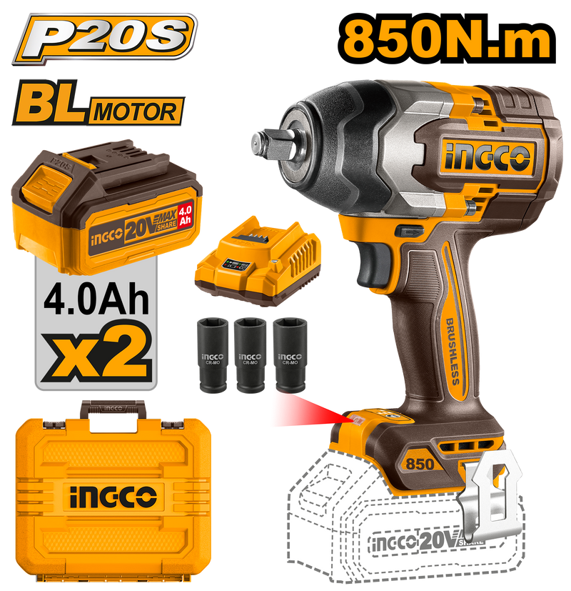 LLAVE DE IMPACTO INALAMBRICA DE 1/2", 20V, 850N.m. 2 BAT. 4.0Ah. Y CARGADOR, INGCO