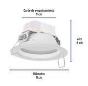 Luminario LED empotrable redondo blanco; corte de 9 cm, diámetro de 11 cm y alto de 6 cm.
