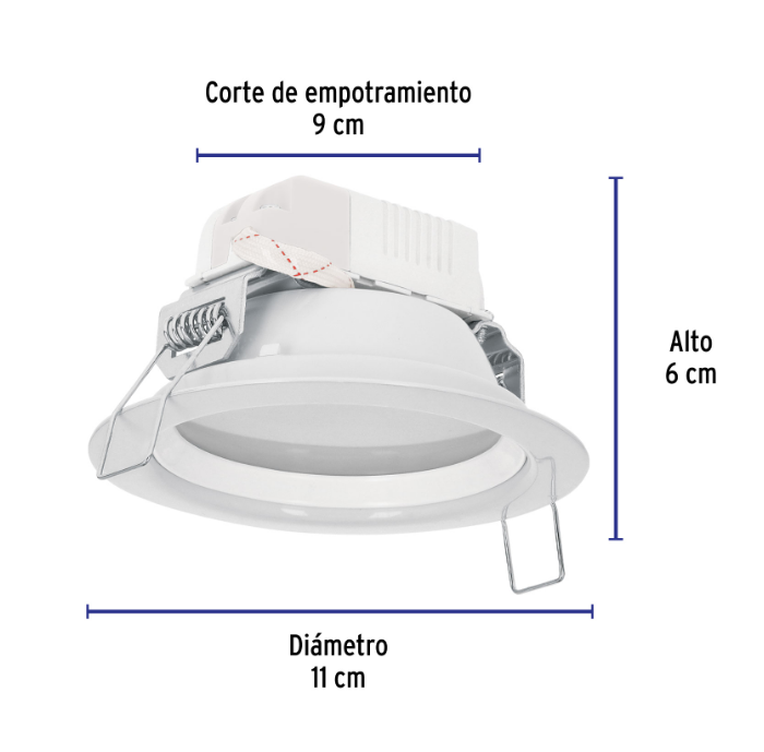 Luminario LED empotrable redondo blanco; corte de 9 cm, diámetro de 11 cm y alto de 6 cm.