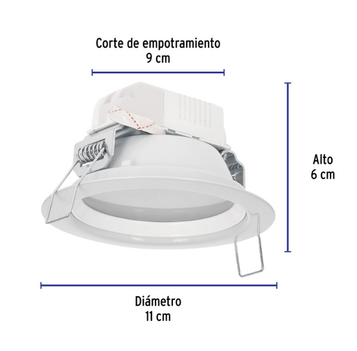 Luminario LED empotrable redondo blanco; corte de 9 cm, diámetro de 11 cm y alto de 6 cm.