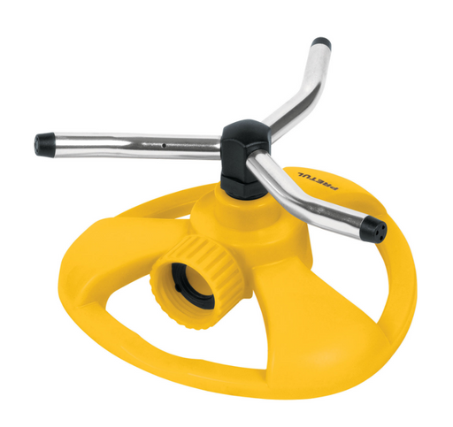 Aspersor de plástico amarillo Pretul con tres brazos de aluminio y boquillas negras