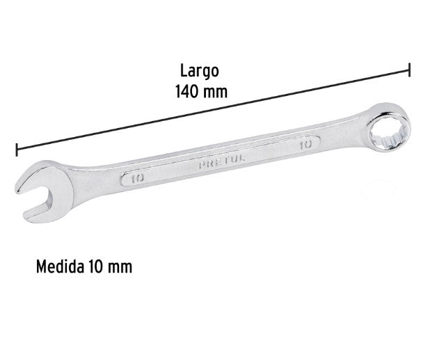 LLAVE COMBINADA MILIMETRICA 10 mm X 140 mm DE LARGO PRETUL