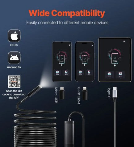 Cámara de inspección con cable semirrígido y conectores para Android e iOS