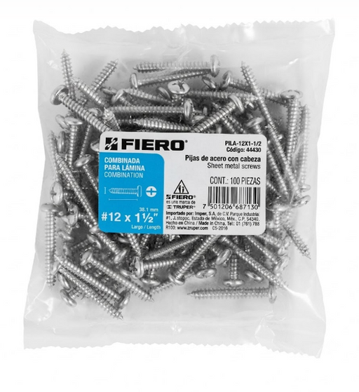 Bolsa de 100 tornillos FEiERO #12 para lámina, cabeza combinada PH3.