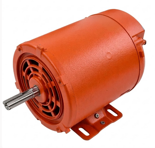 Motor eléctrico Electromex naranja con eje y ventilación, base de montaje