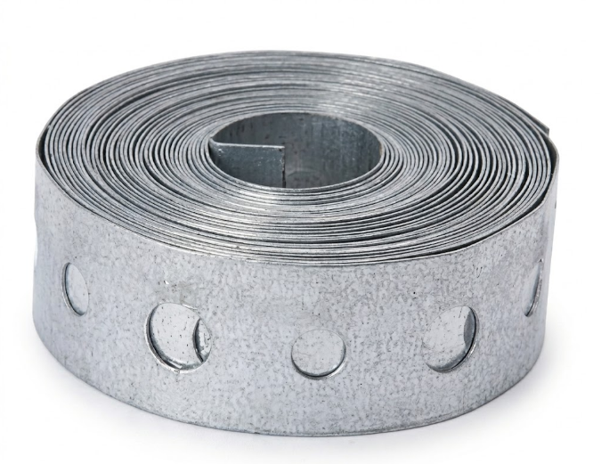 Rollo de fleje metálico plateado enrollado, con orificios semicirculares en el borde