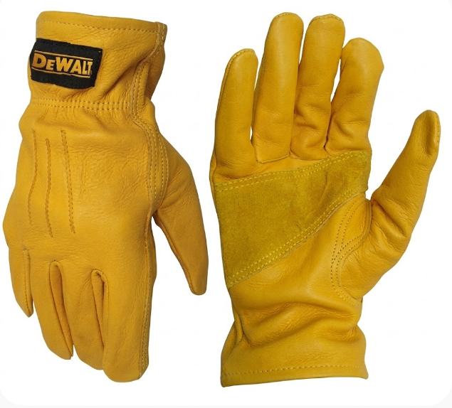 Guantes de piel amarillos DEWALT talla M con costuras y logotipo frontal