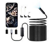 Cámara de inspección con cable semirrígido negro, cable enrollado y conectores