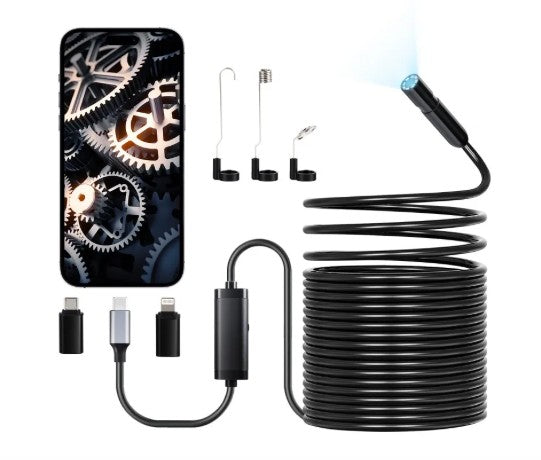 Cámara de inspección con cable semirrígido negro, cable enrollado y conectores