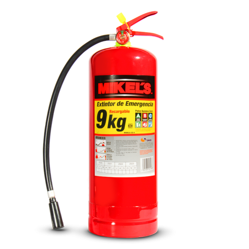 Extintor rojo recargable 9 kg MIKELS con manguera y boquilla negra
