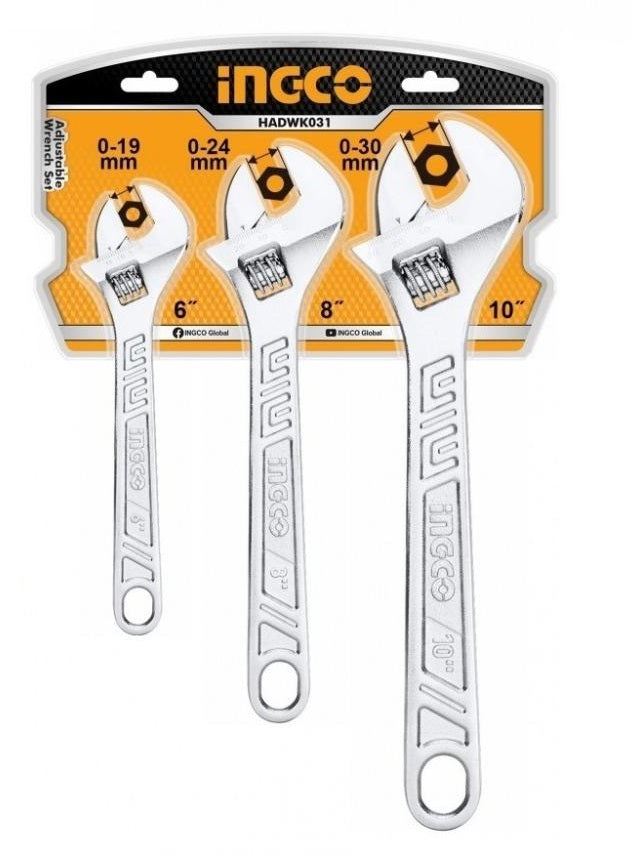 JUEGO DE 3 LLAVES AJUSTABLES CROMADAS 6",8",10" INGCO
