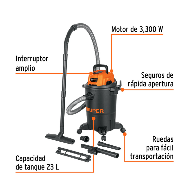ASPIRADORA ELECTRICA TRUPER, CAPACIDAD DE 6 GALONES NEGRA