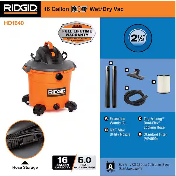 ASPIRADORA RIDGID DE 16 GALONES HD1640