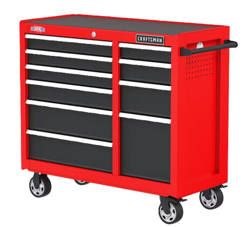 Gabinete tipo baúl Craftsman rojo con 10 cajones y superficie negra, sobre ruedas