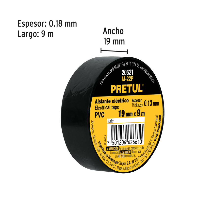 CINTA DE AISLAR 9 M X 19 mm, NEGRA, PRETUL