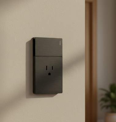 APAGADOR SENCILLO + TOMACORRIENTE SANTORINI 127 V / 15 A PLASTICO ABS NEGRO