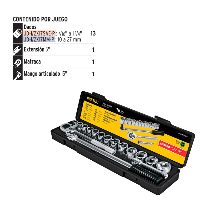 JUEGO DE 17 PZA, DADOS CUADRO DE 1/2' STD PRETUL CON ESTUCHE