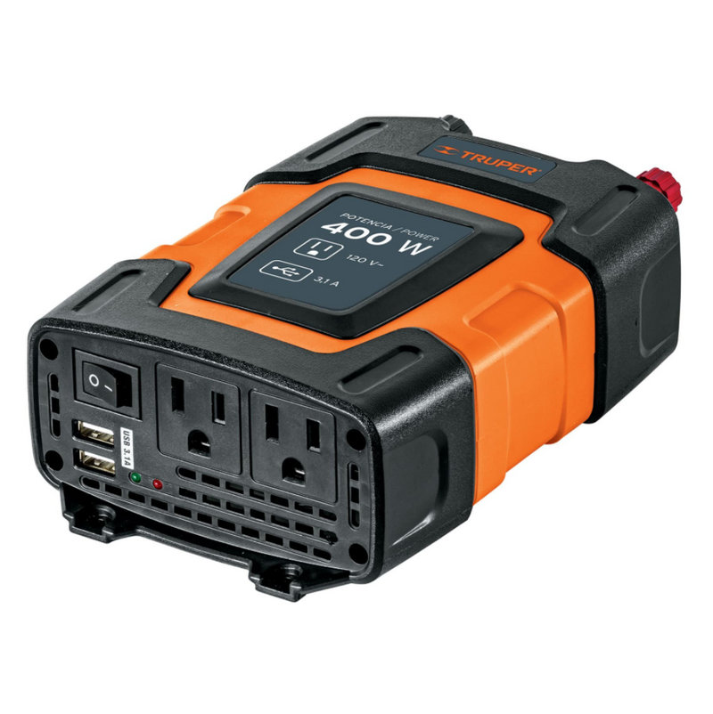 INVERSOR DE CORRIENTE 400 W, 2 PUERTOS USB, 3.1 AMP. S.MAX