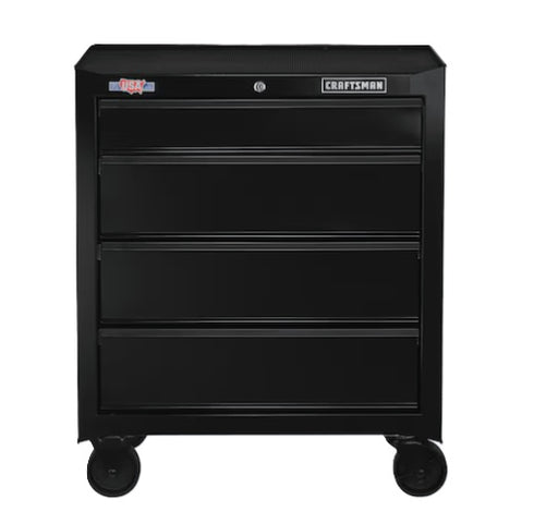 Gabinete Craftsman tipo baúl negro con 4 cajones y ruedas, vista frontal