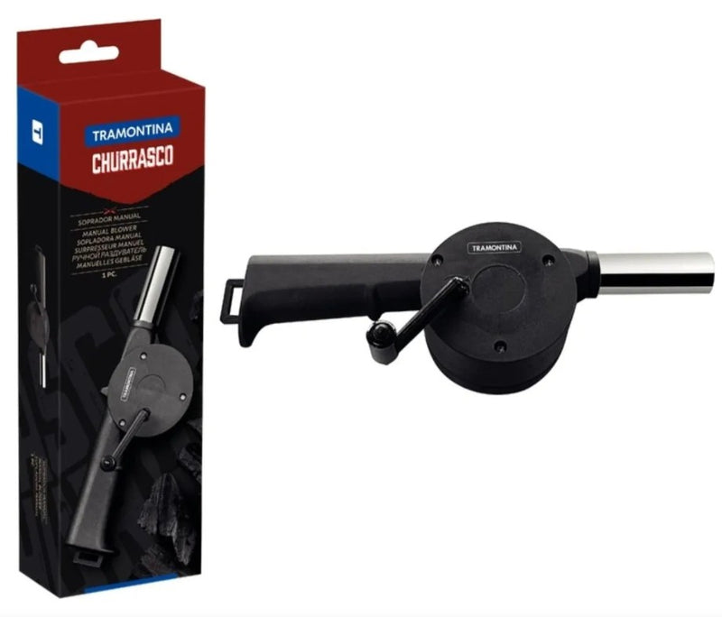 Soplador manual para carbón Tramontina, cuerpo negro y tubo blanco con palanca.