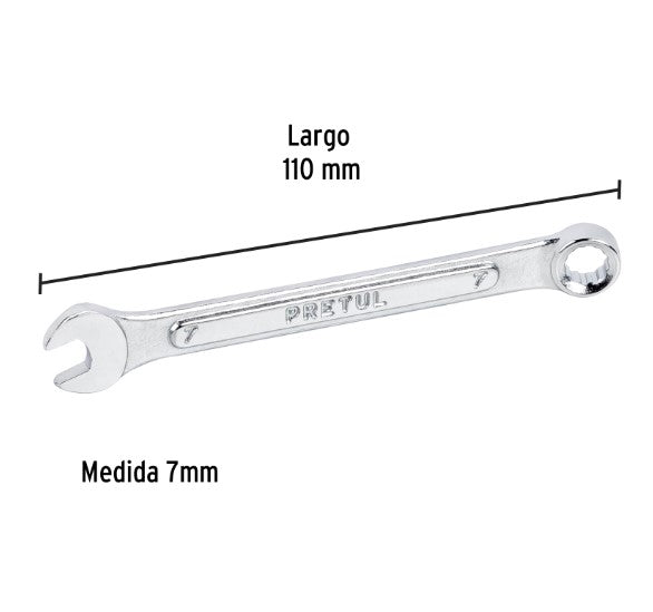 LLAVE COMBINADA MILIMETRICA 7 MM X 110 MM DE LARGO PRETUL