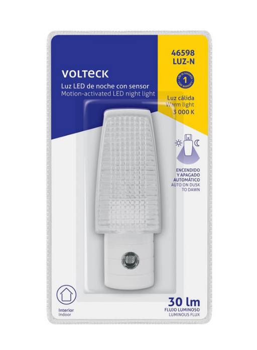 Luz de noche VOLTECK en empaque, difusor blanco con fotocelda y enchufe