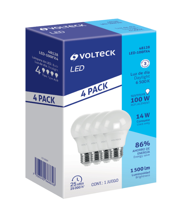 Caja de pack de 4 focos LED Volteck 14 W luz blanca fría 6500 K