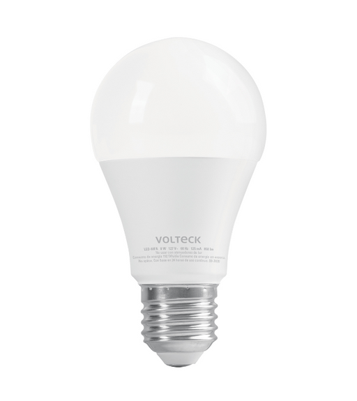 Bombilla LED blanca con base roscada y etiqueta VOLTECK