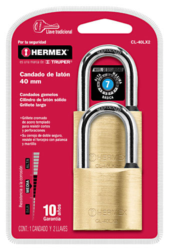 CANDADOS GEMELOS DE LATON, G-LARGO, 40 mm, 2 PZAS