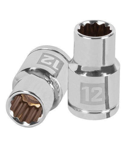 Par de dados cromados de 12 mm de 1/2", 12 puntas, con marca 12 y acople