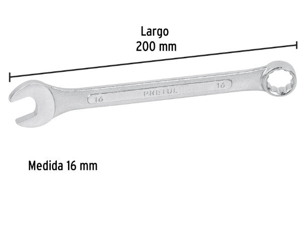 LLAVE COMBINADA MILIMETRICA 16 MM X 200 MM DE LARGO PRETUL