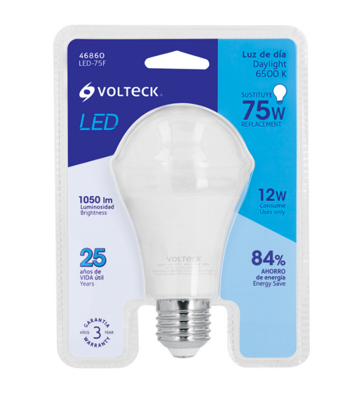 Foco LED Volteck de 12 W en empaque, luz de día de 6500 K y base roscada.
