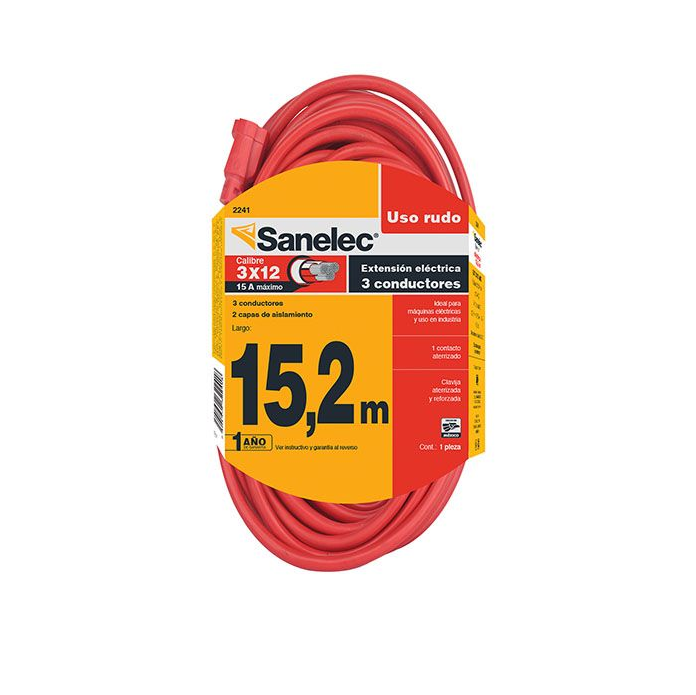 EXTENSION ELECTRICA DE 15.2 MTS, CAL. 12/3, 15A, ROJA, USO RUDO