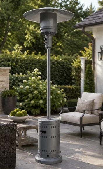 Calentador exterior a gas FIRE SENSE, de pie, con reflector circular y cuerpo metálico gris