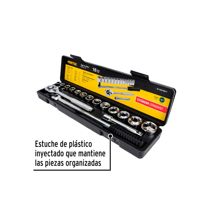 JUEGO DE 17 PZA, DADOS CUADRO DE 1/2' STD PRETUL CON ESTUCHE