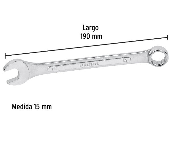 LLAVE COMBINADA MILIMETRICA 15 mm X 190 mm DE LARGO PRETUL
