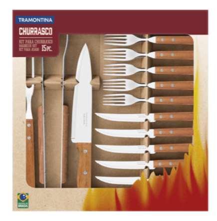 KIT PARA ASADO TRAMONTINA DE ACERO INOX CON MANGO DE MADERA 15 PIEZAS